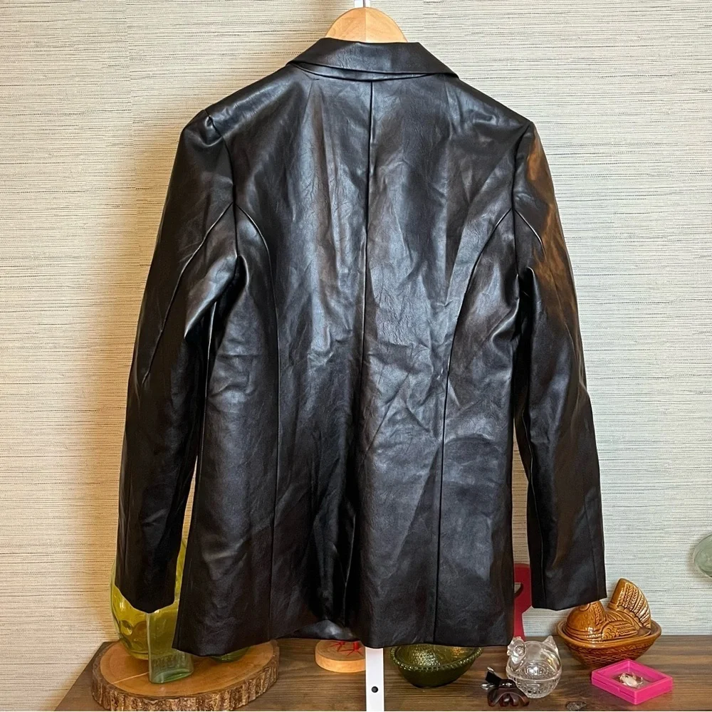 White Fox Black Faux Leather Take The Lead Blazer Black Coat Size Small/Medium
